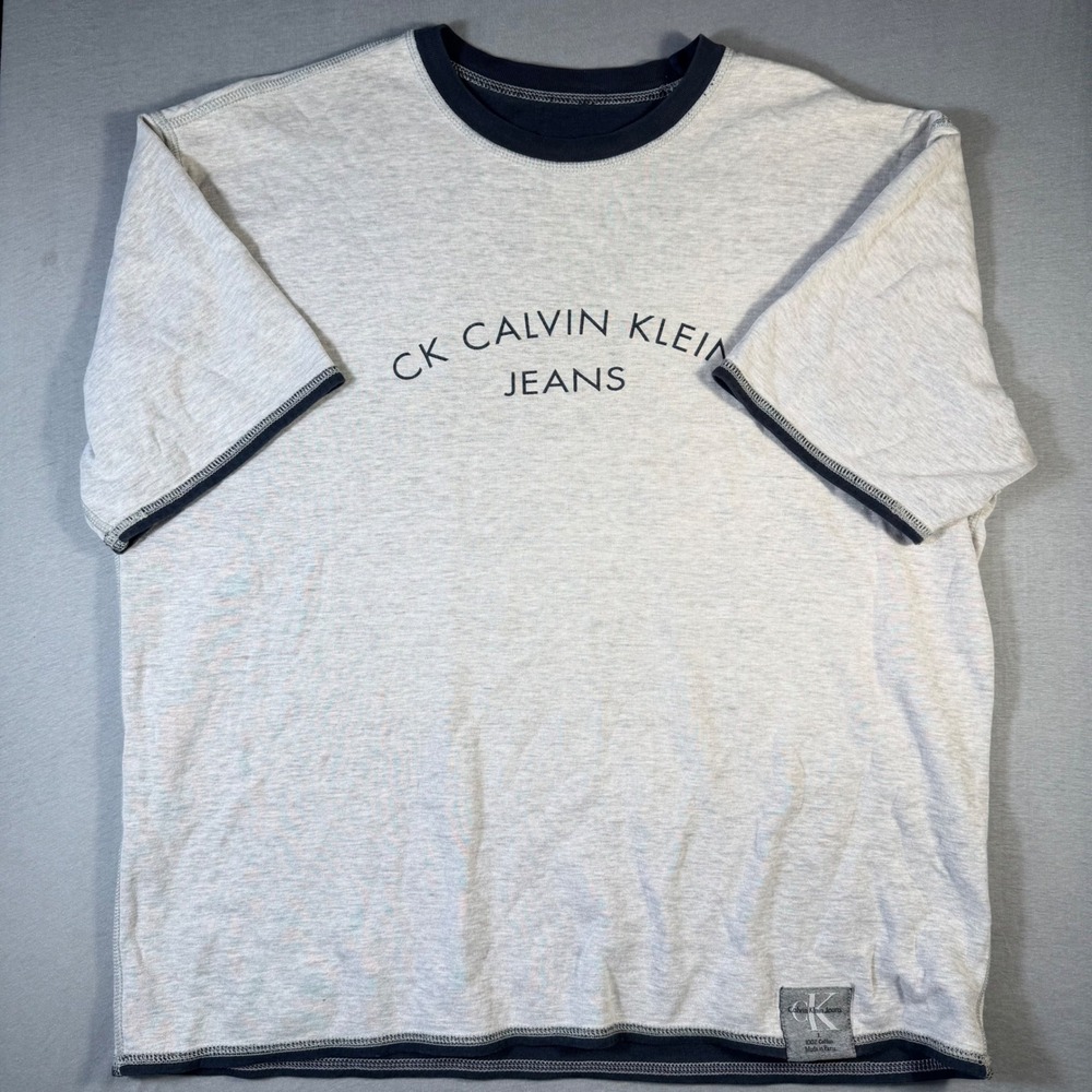 Calvin Klein Jeans Mens Large Gray Navy Ringer T-Shirt Vintage Style Logo Tee